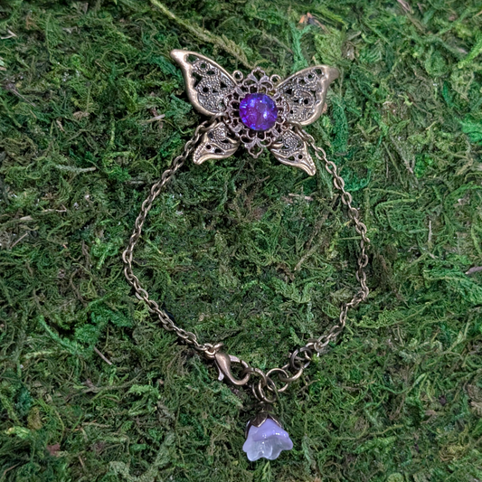 Purple Crystal Filigree Butterfly Bracelet in Brass with Flower Bead