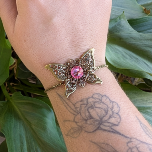 Pink Crystal Filigree Butterfly Bracelet in Brass with Flower Bead