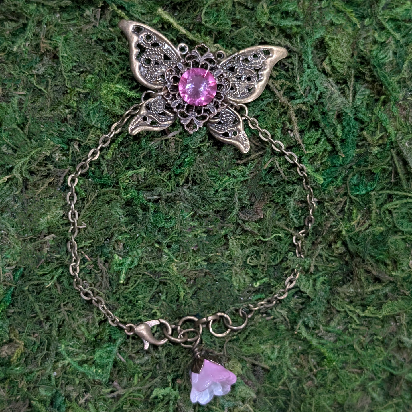 Pink Crystal Filigree Butterfly Bracelet in Brass with Flower Bead