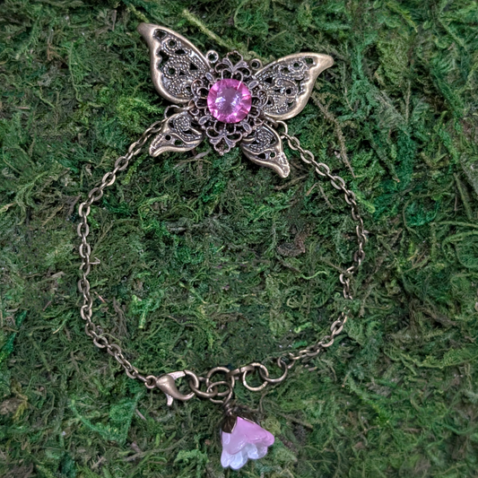 Pink Crystal Filigree Butterfly Bracelet in Brass with Flower Bead