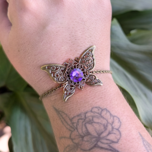Purple Crystal Filigree Butterfly Bracelet in Brass with Flower Bead